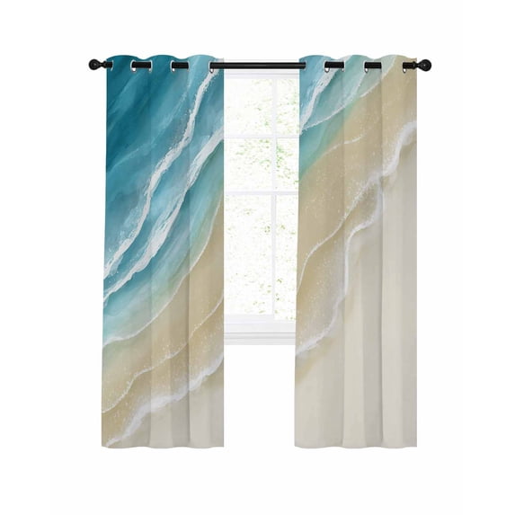 Abstracts Sandy Beach Blackout Curtains for Bedroom Living Room, Teal Blue Beige Gradient Ocean Wave 72 In Long Thermal Insulated Room Darkening Drapes Grommet Window Treatments, 52 x 72 In