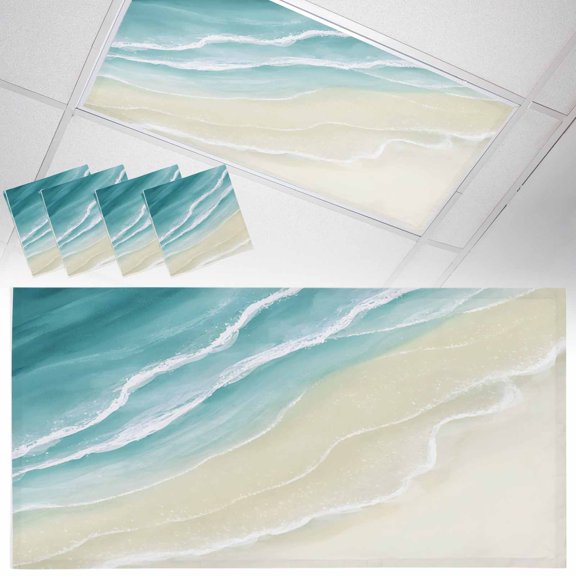 Abstracts Sandy Beach Fluorescent Light Covers Teal Beige Gradient Seaside Ocean Wave Magnetic Light Filters Ceiling Lighting Panel Shade for Classroom Office Home 2 x 4 ft, 4 Pack