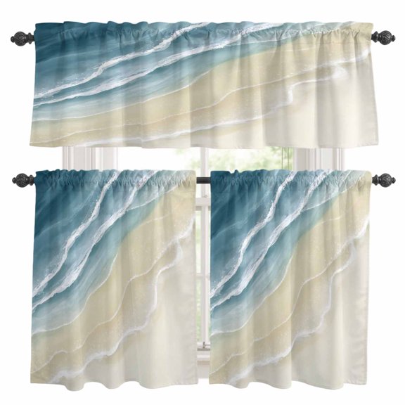 Abstracts Sandy Beach Kitchen Curtains Valances and Tiers Set of 3 Grey Blue Beige Gradient Ocean Wave Tier Curtains and Valance with Rod Pocket for Small Windows, 27.5"x36"