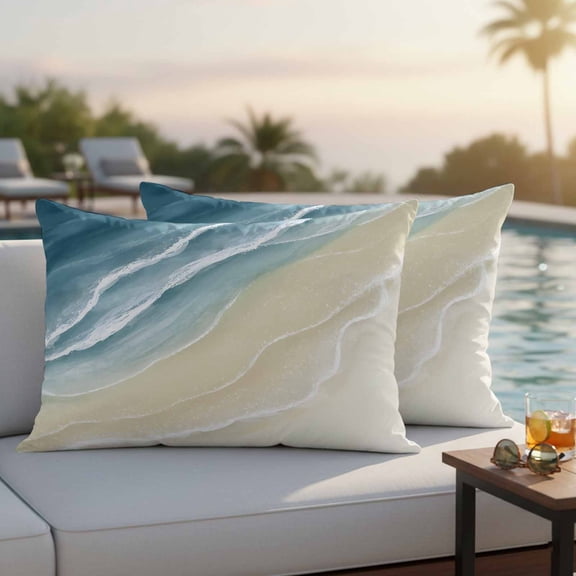 Abstracts Sandy Beach Outdoor Throw Pillow Covers Set of 2, Grey Blue Beige Gradient Ocean Wave Waterproof Pillow Covers Protectors with Hidden Zipper for Garden Couch Bench 20x12in