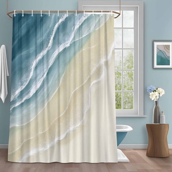 Abstracts Sandy Beach Shower Curtains for Bathroom, Grey Blue Beige Gradient Ocean Wave Washable Fabric Shower Curtain with Hooks Waterproof Bathroom Decor Sets, 36 x 72 Inches