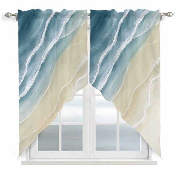 Abstracts Sandy Beach Swag Valances for Windows 2 Pack Grey Blue Beige Gradient Ocean Wave Swag Kitchen Curtains 36 Inches Long Rod Pocket Short Window Treatment for Kitchen Bathroom 36"x36"