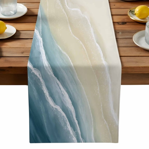 Abstracts Sandy Beach Table Runner, Grey Blue Beige Gradient Ocean Wave Washable Kitchen Table Runners Dress Scarves for Dining Table Decorations Party, 13x36in