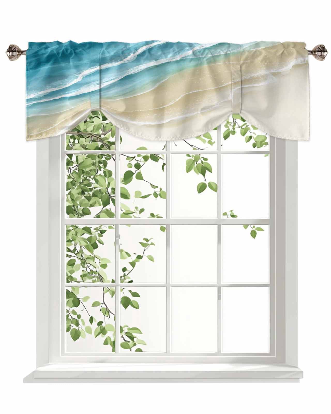 Abstracts Sandy Beach Tie Up Valances Curtain, Teal Blue Beige Gradient ...