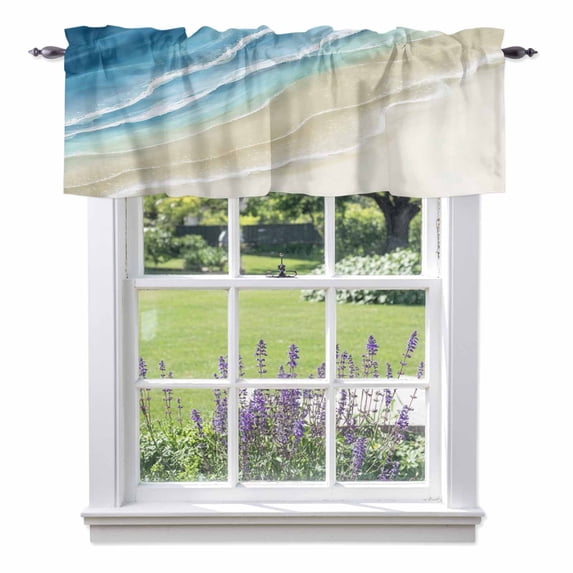 Abstracts Sandy Beach Valance Curtain for Windows Blue Beige Gradient Seaside Ocean Wave Rod Pocket Curtain Valances Short Window Treatments Panels for Kitchen Bathroom Laundry Basement 42 x 12 Inch