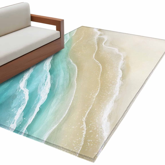 Abstracts Sandy Beach Washable Area Rug 4 x 6 ft Turquoise Beige Gradient Ocean Wave, Soft Non Slip Rugs Stain Repellent Indoor Felt Carpet for Living Dining Room Bedroom Home Office