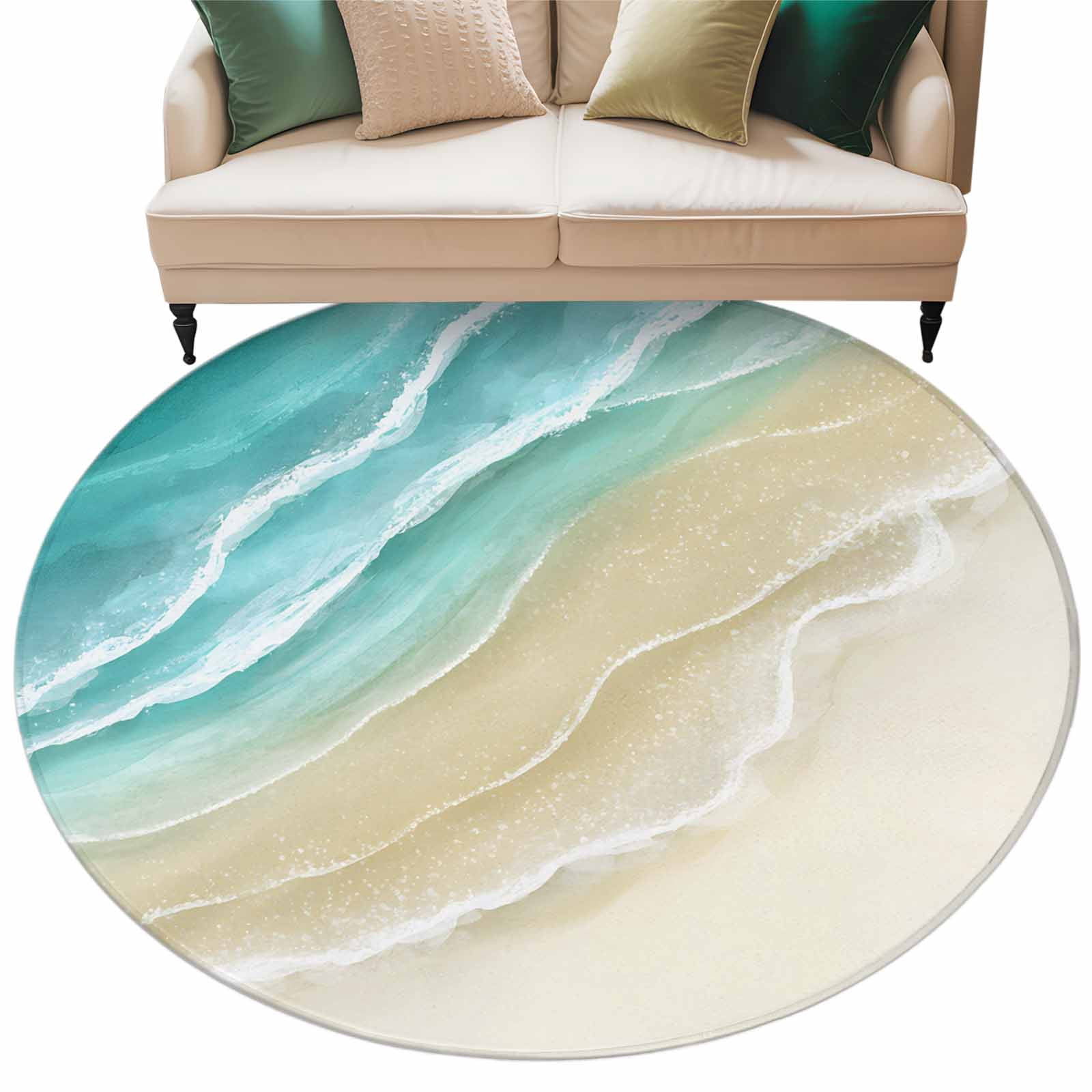 Round Sand Color Rug Abstracts Sandy Beach Washable Round Area Rug 5 ft, Turquoise Beige ...