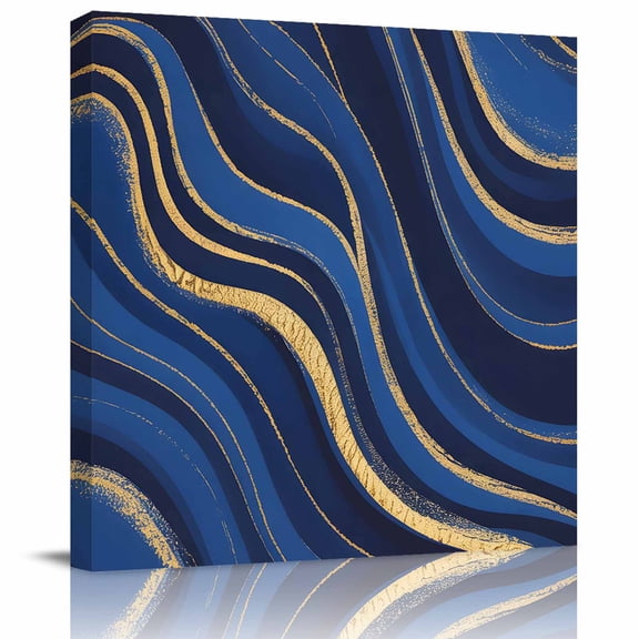 Abstracts Yellow Blue Lines Canvas Artwork Painting Art, Marble Texture Pattern Square Framed Wall Decorations Prints Picture for Bedroom Kitchen Living Room, 16x16 in
