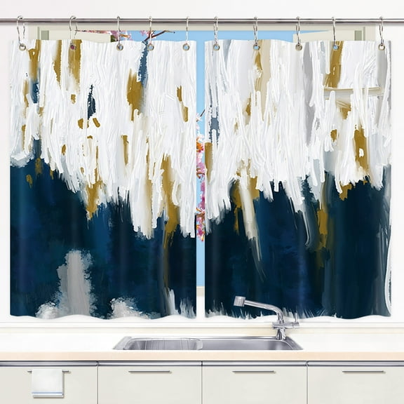 Abstrct Teal Blue Kitchen Window Curtains, Gray Gold Graffiti Ombre Window Drape Curtains 2 Panels, Contemporary Kitchen Window Drapes with Hooks, 55X39in