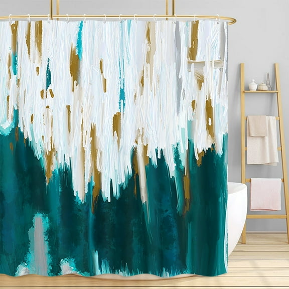 Abstrct Teal Blue Shower Curtains for Chic Modern Abstract Bathroom Decor, Graffiti Fabric Shower Curtain, Brush Strokes Oil Painting Style Bath Curtain, 36X72in