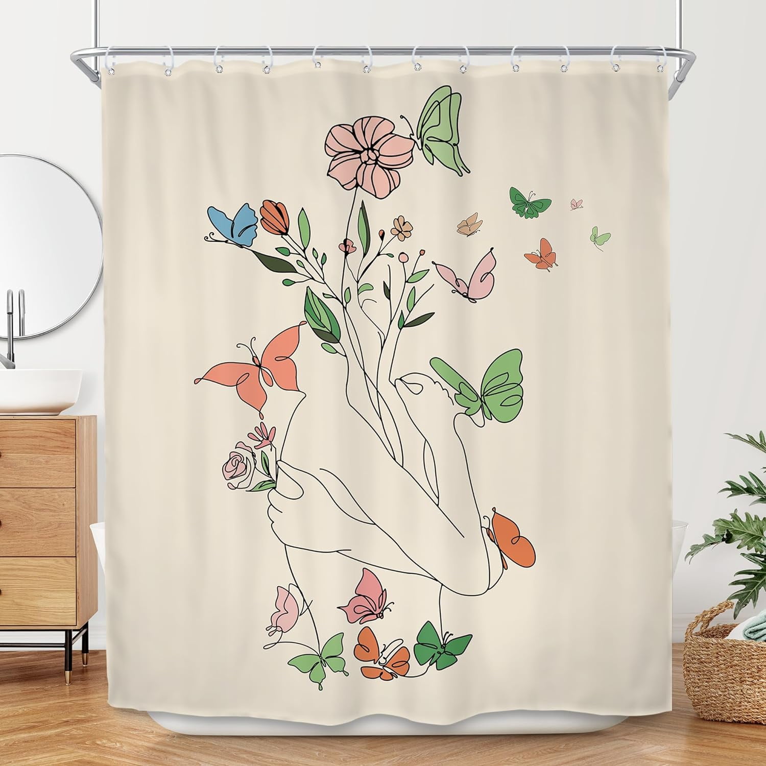 Abstrct Woman Shower Curtain 60Wx72L Inch Butterfly Floral Simple Line