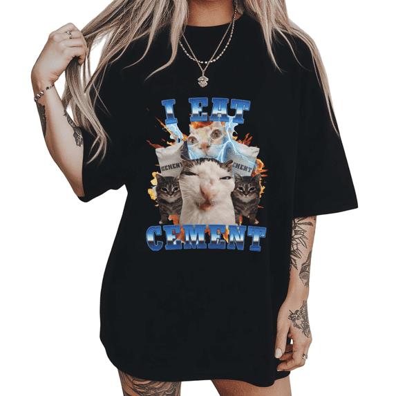 Absurd Cement Eating Cats Meme Print Tshirt Black S-5XL Bonkers Graphic ...