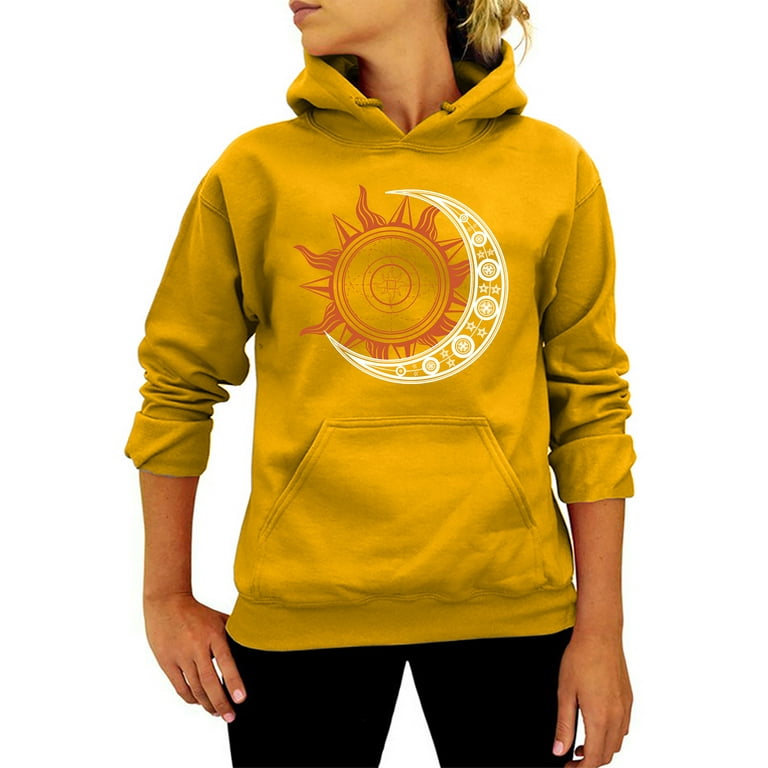 Abtel Ladies Hoodies Star Moon Print Sweatshirt Comfy Hooded Tops Women  Loose Fit Sport Pullover Yellow M