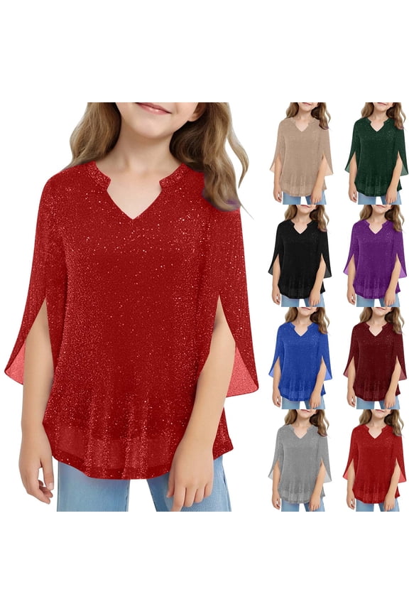 Boys Girls Summer Long Sleeve Round-Neck Blouses & Shirts Solid Color Mesh Gold V Neck 3/4 Sleeve Top
