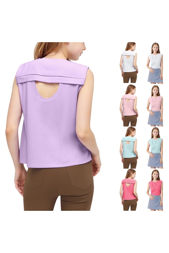 Boys Girls Summer Round-Neck Tank Top Solid Color Open Back Sport Top