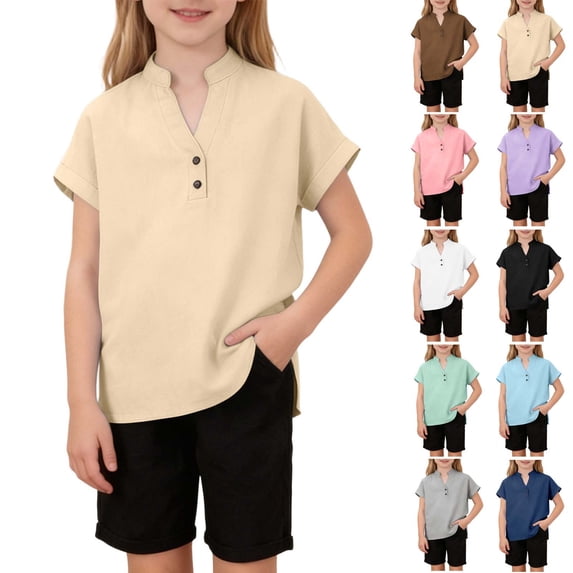 Abtuhar Boys Girls Summer Short Sleeve Round-Neck Blouses & Shirts Solid Color Linen V Neck Split Top