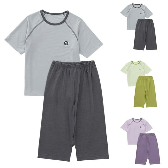 Abtuhar Boys Pajama Outfit Sets Short Sleeve 7 Inch Pants Loungewear Soft Summer Sleepwear For Big Kids