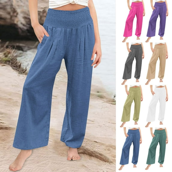 Abtuhar Boys Summer Full Length Pants Solid Color Linen Like Pocket Elastic Cuff