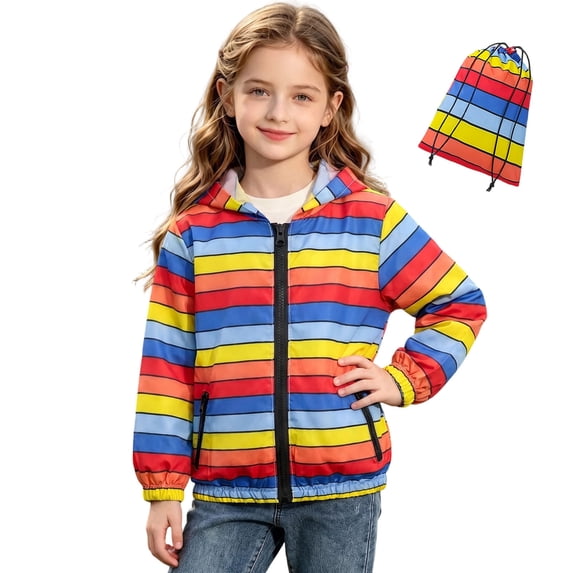 Abtuhar Boys and Girls Fall Winter Hooded Casual Outerwear and Jackets Striped‑print Wind‑proof Zip‑up Jacket Coat with Storage Pouch for 3‑12 Years