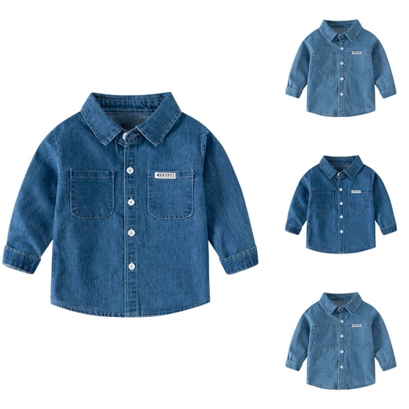 Abtuhar Fall Jacket Shirt for Little Boys Turndown Collar Button Front Solid Denim Fabric Outer Layer for 3-8 Years