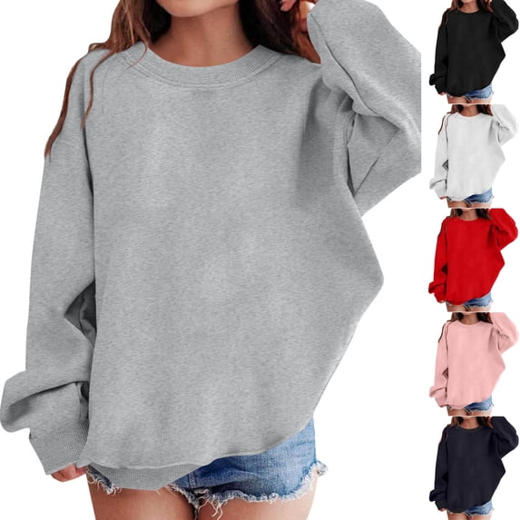 Abtuhar Fall Winter Crew Neck Pullover Sweatshirt for Kids Girls Solid Rib Cuff Drop Shoulder Long Sleeve Tops for 2-12 Years