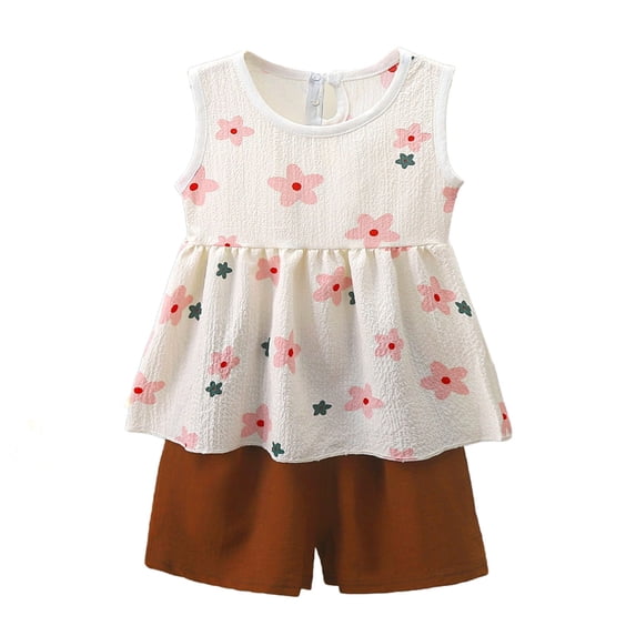 Abtuhar Girls 0-8 Years Summer Print Round Neck Short Sleeve Sleeveless Tops and Shorts Casual Outfits