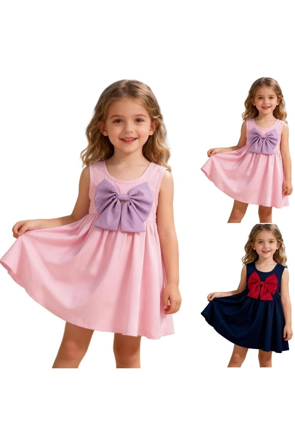 Girls 2 to 7 Years Summer Sleeveless Round Neck Loose Casual Tank Dress with Oversized Front Bow Chest