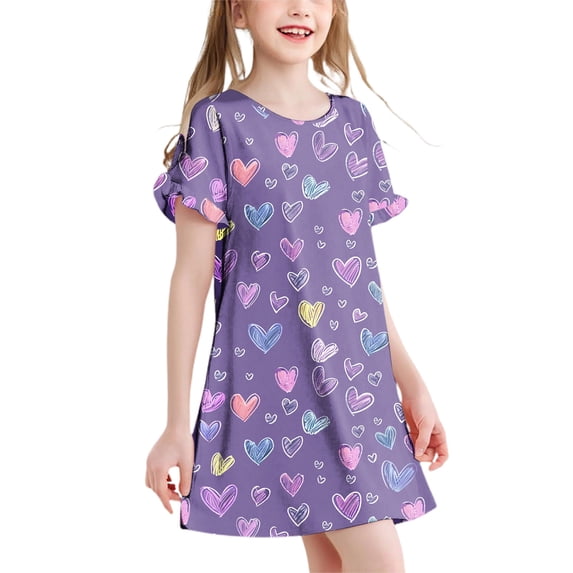 Abtuhar Girls 3 to 12 Years Summer Short Sleeve Round Neck All Over Print Loose Night Dress for Indoor Rest
