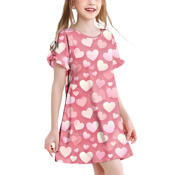 Abtuhar Girls 3 to 12 Years Summer Short Sleeve Round Neck All Over Print Loose Night Dress for Indoor Rest