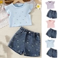 thumbnail image 1 of Abtuhar Girls Short Sleeve Round Neck Blouses Shirts Outfit Sets Rhinestone Top Embroidered Denim Shorts 2 Piece Set, 1 of 5