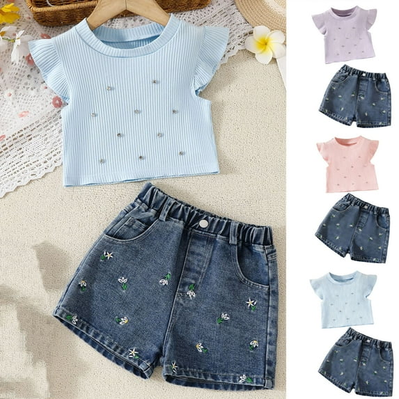 Abtuhar Girls Short Sleeve Round Neck Blouses Shirts Outfit Sets Rhinestone Top Embroidered Denim Shorts 2 Piece Set