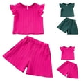 thumbnail image 1 of Abtuhar Girls Short Sleeve Round Neck Blouses Shirts Outfit Sets Solid Color Sleeve Top Shorts Summer Set, 1 of 5