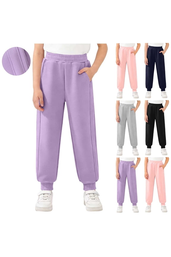 Girls Summer Full Length Pants Solid Color Linen Like Wide Leg Pocket Kids