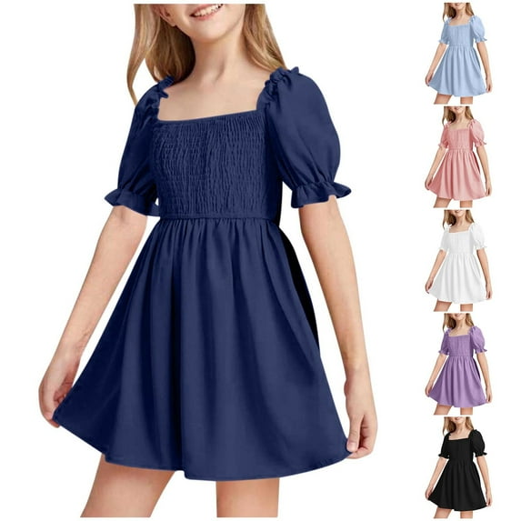 Abtuhar Girls Summer Short Sleeve Round Neck Dress Solid Color Basic Casual for Girls