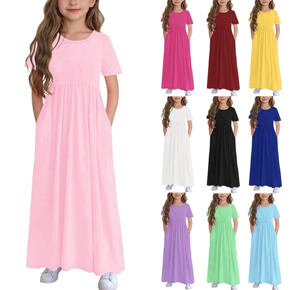 Abtuhar Girls Summer Short Sleeve Round Neck Dress Solid Color Side Pocket Pleated Waist Maxi Dress
