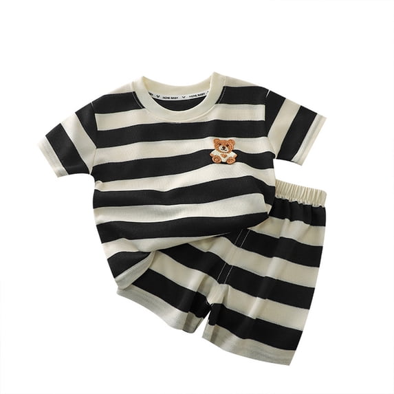 Abtuhar Kids 1-8 Years Summer Outfits Stripe Embroidery Bear Short Sleeve Tops Elastic Waist Shorts