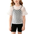 thumbnail image 1 of Abtuhar Kids Girls 2-11 Years Summer Tops Soft Lace Mesh Puff Short Sleeve Round Neck Breathable Daily Blouses Shirts, 1 of 4