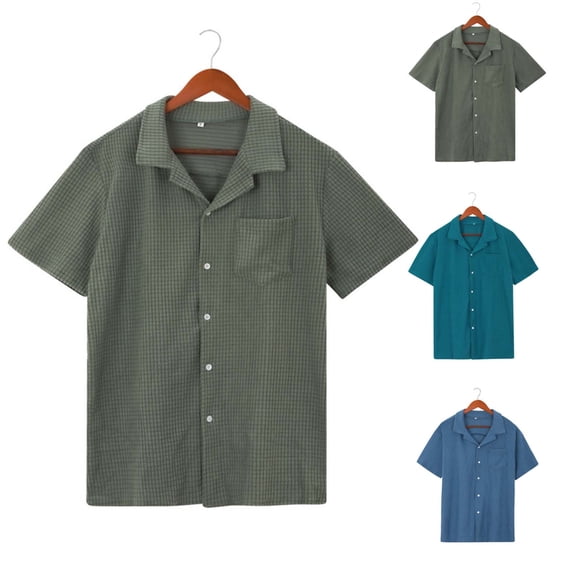 Abtuhar Man Short Sleeve Sleep Shirt Solid Lapel Button Fashion Fallow Sleepwear Set,Green,L