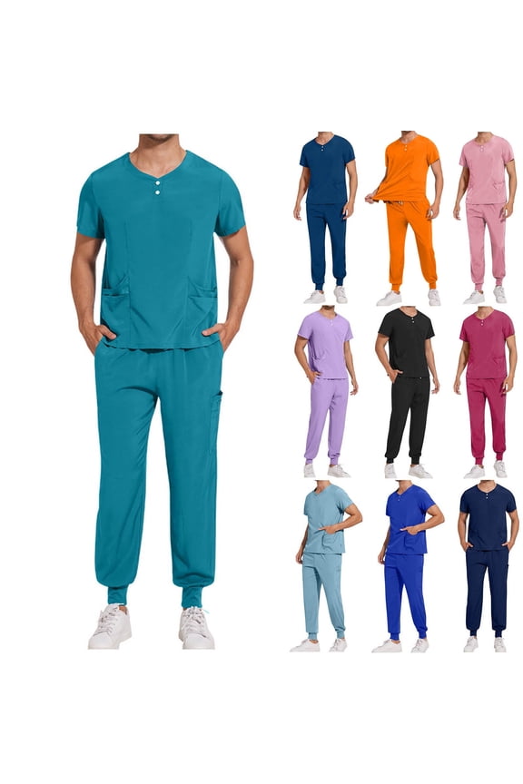 Man Solid Drawstring Fitness Pants Short Sleeve Button Shirt Track Outfits