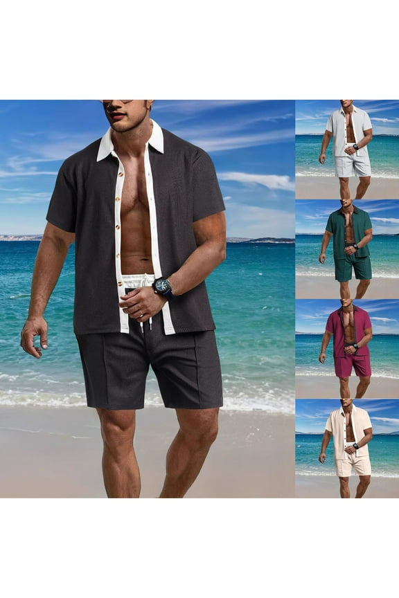 Man Solid Europe And America Fallow All-match Lapel Button Color Match Shirt Short Sleeve Shorts Set,Gray,XL