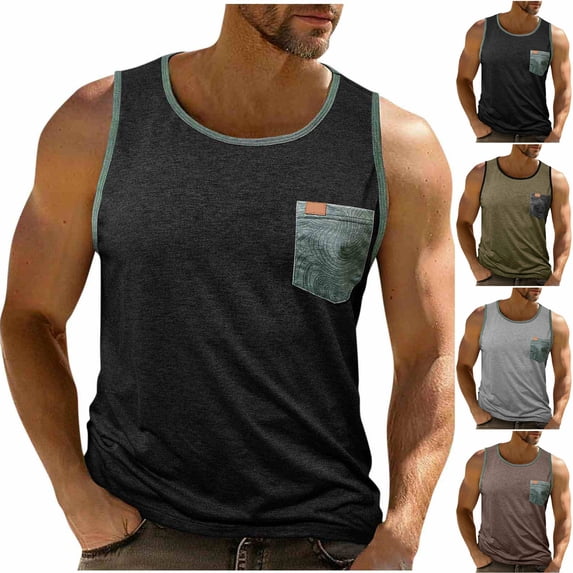 Abtuhar Man Summer Sleeveless Round Neck Color Blocked Pocket Round Neck Tank,Coffee,M