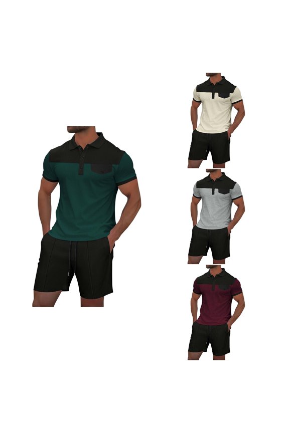 Man Track Set Solid Button Lapel Shirt Elastic Waist Shorts Fitness
