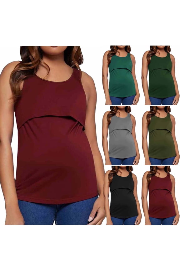 Maternity Summer Tops for Women,Pregnancy Maternity Shirts Blouse,Pregnancy Undershirts for Women Nursing Solid Casual Round Neck Sleeveless Tank Top,Wine,M