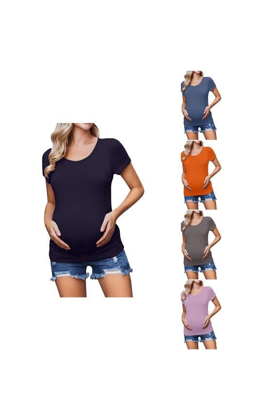 Maternity Solid with Wrinkles Round Neck Maternity Short Sleeve Casual Shirt,Navy,M