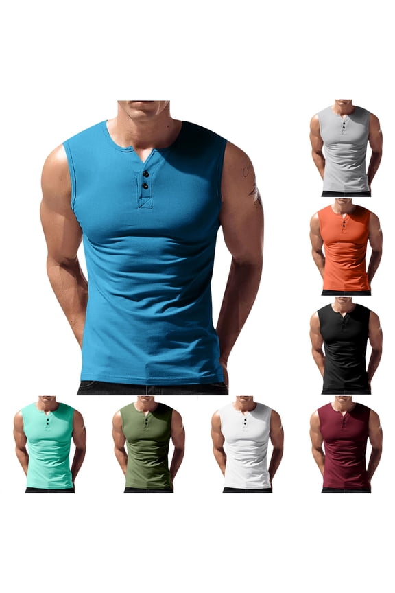 Men Casual Solid Mesh Breathable Sleeveless Round Neck Button Sports Top,Mint Green,M