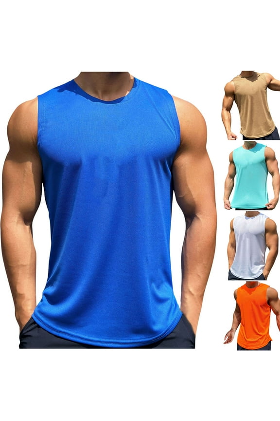 Men Casual Solid Mesh Round Neck Pullover Sports Sleeveless Fashion,Blue,XXXL