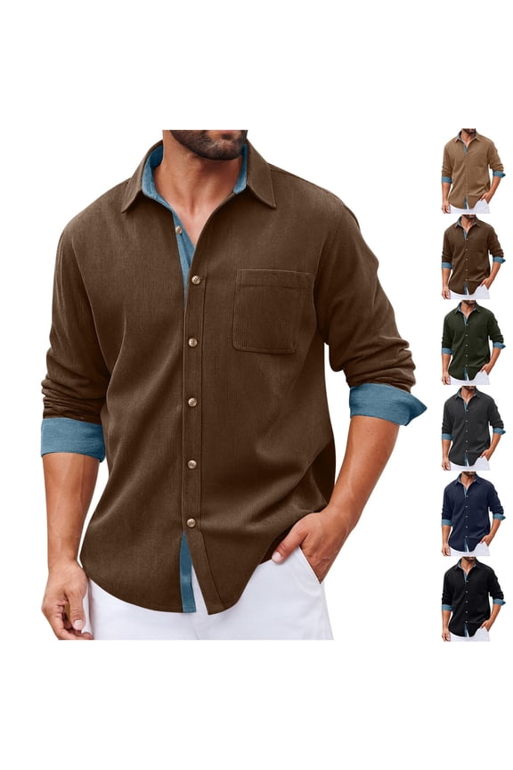 Men Corduroy Button Flap Pocket Long Sleeve Casual Tops