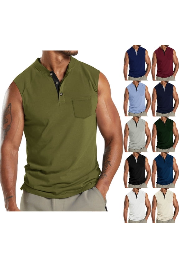 Men Leisure Versatile Button Pocket Solid Sleeveless Beach Tank,Khaki,L