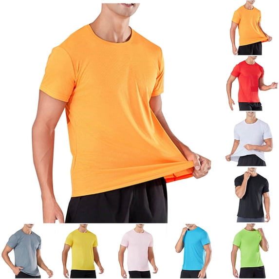 Abtuhar Men Summer Tops Short Sleeve Round Neck Solid Stretchy Running Shirts