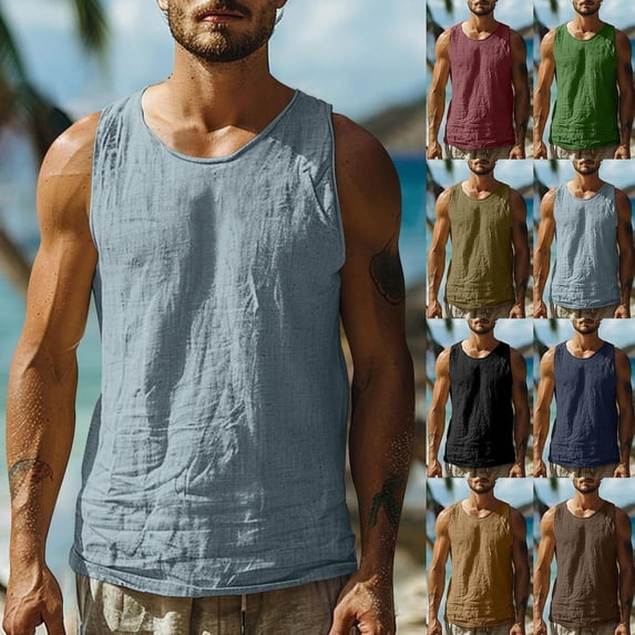 Abtuhar Men Summer Tops Short Sleeve Solid Linen Like Sleeveless Tank